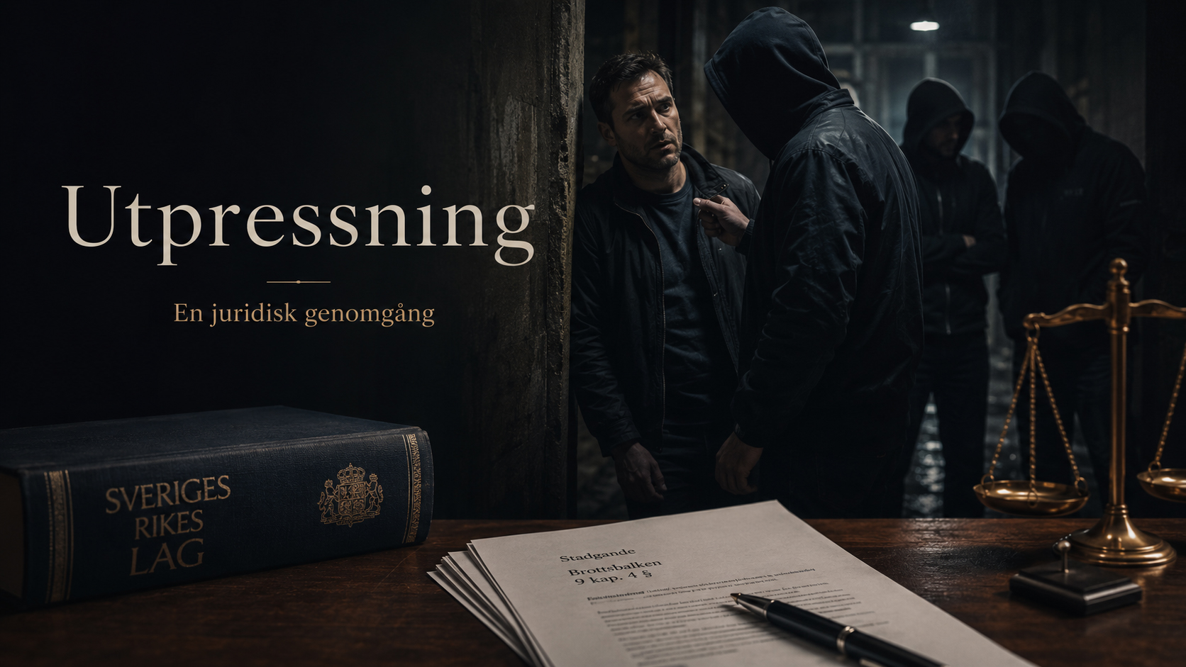 Utpressning enligt 9 kap. 4 § brottsbalken Mörk juridisk illustration om utpressning med skumma personer som hotar en man i en mörk miljö, tillsammans med juridiska symboler som lagbok, handlingar och rättvisans våg.